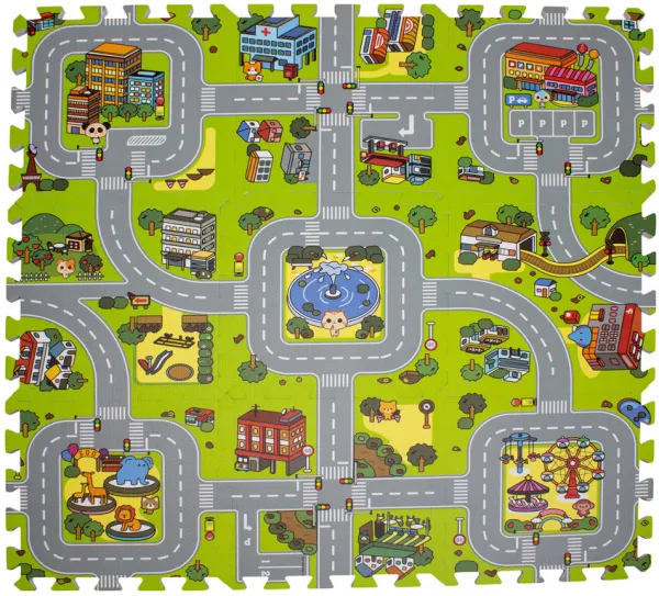 Leikkimatto, jossa on tie ja kaupunki, vaahtomuovia. 9 osaa